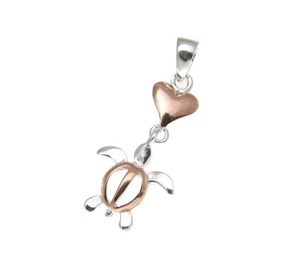 925 sterling silver rose gold plated 2 tone Hawaiian heart dangle honu pendant