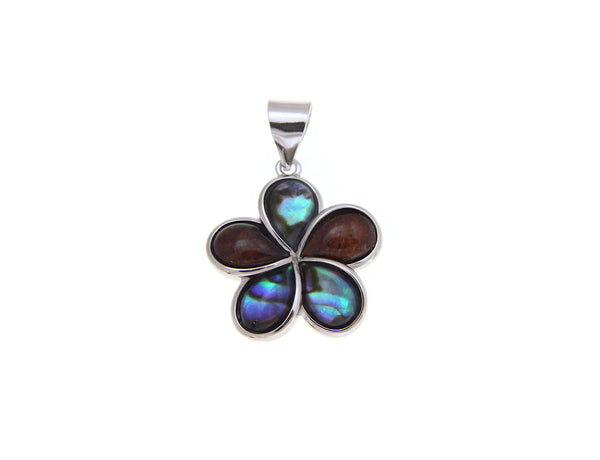 925 Sterling Silver Hawaiian Koa Wood Plumeria Flower Abalone Paua Shell Pendant
