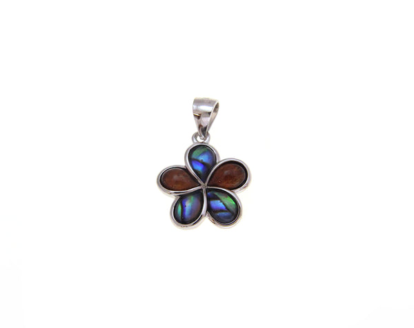 925 Sterling Silver Hawaiian Koa Wood Plumeria Flower Abalone Paua Shell Pendant