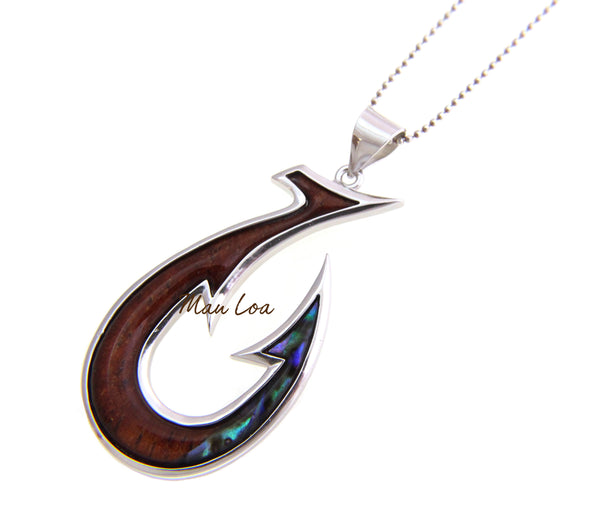 925 Sterling Silver Hawaiian Koa Wood Fish Hook Abalone Paua Shell Pendant