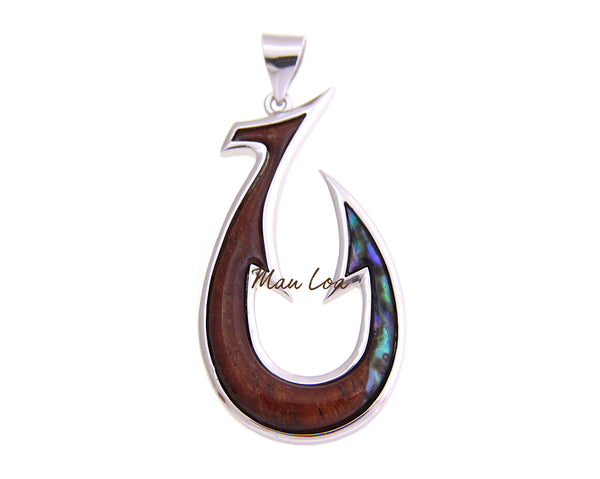 925 Sterling Silver Hawaiian Koa Wood Fish Hook Abalone Paua Shell Pendant
