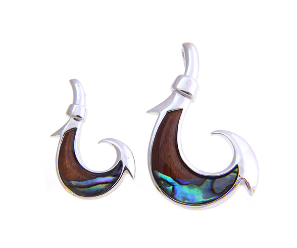 925 Sterling Silver Hawaiian Koa Wood Fish Hook Abalone Paua Shell Pendant