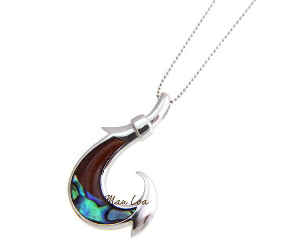 925 Sterling Silver Hawaiian Koa Wood Fish Hook Abalone Paua Shell Pendant