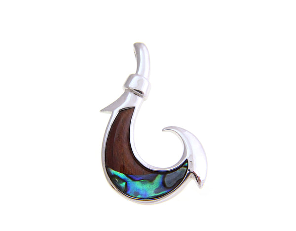 925 Sterling Silver Hawaiian Koa Wood Fish Hook Abalone Paua Shell Pendant