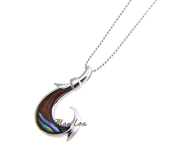 925 Sterling Silver Hawaiian Koa Wood Fish Hook Abalone Paua Shell Pendant