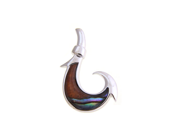 925 Sterling Silver Hawaiian Koa Wood Fish Hook Abalone Paua Shell Pendant