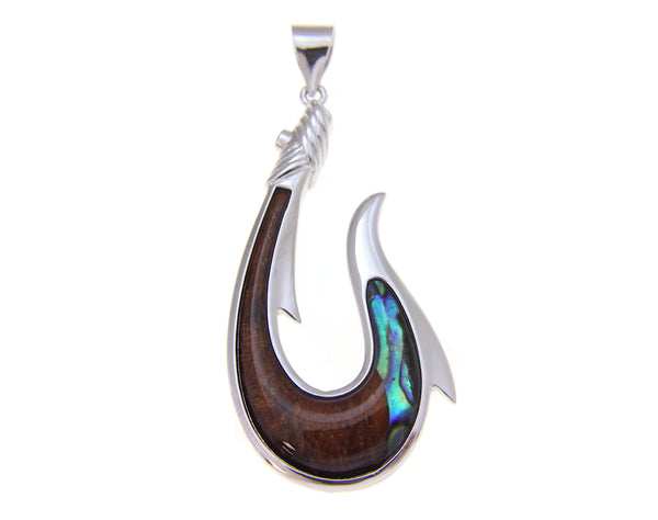 925 Sterling Silver Hawaiian Koa Wood Fish Hook Abalone Paua Shell Pendant