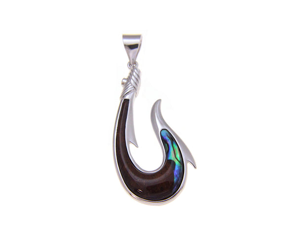 925 Sterling Silver Hawaiian Koa Wood Fish Hook Abalone Paua Shell Pendant