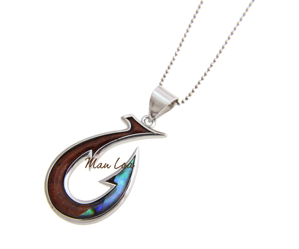 925 Sterling Silver Hawaiian Koa Wood Fish Hook Abalone Paua Shell Pendant
