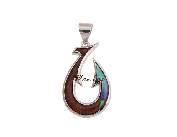 925 Sterling Silver Hawaiian Koa Wood Fish Hook Abalone Paua Shell Pendant