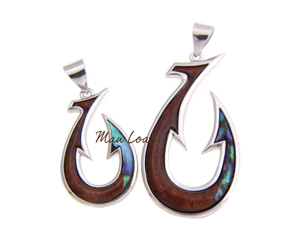 925 Sterling Silver Hawaiian Koa Wood Fish Hook Abalone Paua Shell Pendant