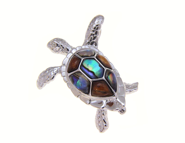 925 Sterling Silver Hawaiian Koa Wood Turtle Honu Abalone Paua Shell Pendant