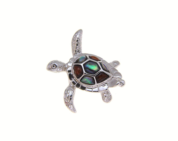 925 Sterling Silver Hawaiian Koa Wood Turtle Honu Abalone Paua Shell Pendant