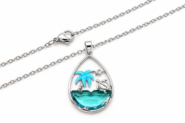 Stainless steel Hawaiian Jewelry Ocean Wave Palm Tree Honu Bird Tear Drop Blue Enamel Glass Pendant Charm Necklace Chain Included