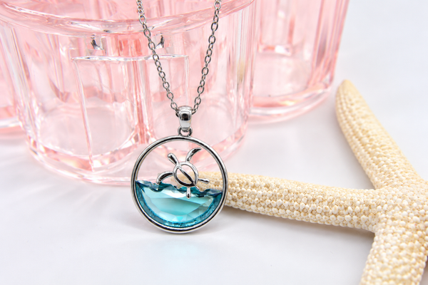 Stainless steel Hawaiian Jewelry Ocean Wave Honu Sea Turtle Blue Glass Pendant Charm Chain Included