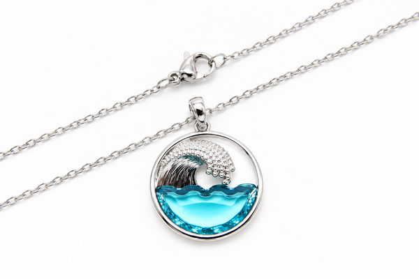 Stainless steel Hawaiian Jewelry Ocean Wave Blue Glass Pendant Charm Necklace Chain Included