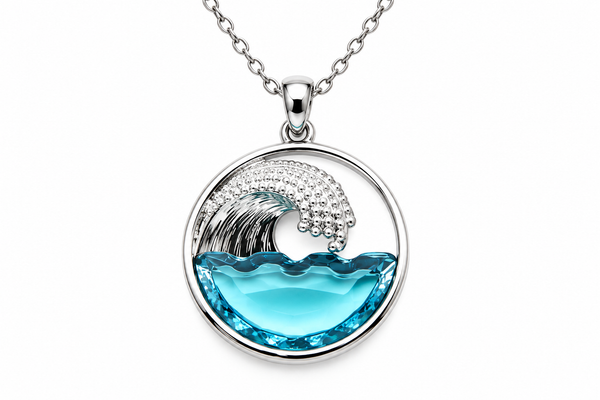 Stainless steel Hawaiian Jewelry Ocean Wave Blue Glass Pendant Charm Necklace Chain Included