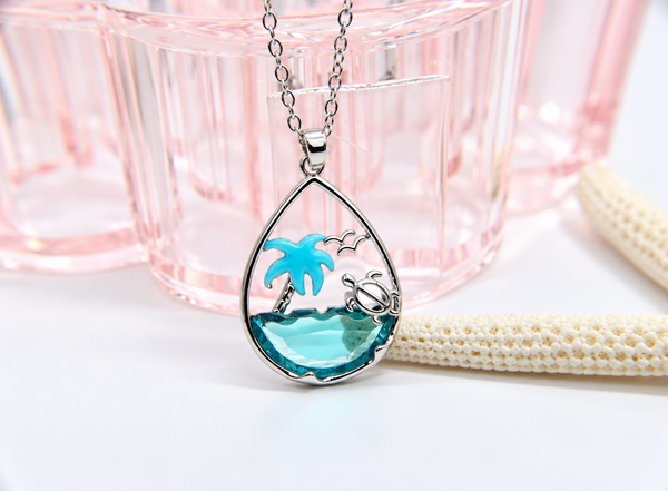 Stainless steel Hawaiian Jewelry Ocean Wave Palm Tree Honu Bird Tear Drop Blue Enamel Glass Pendant Charm Necklace Chain Included