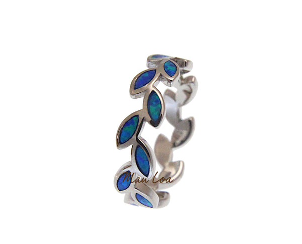 925 Sterling Silver Hawaiian Maile Leaf Leaves Blue Opal Ring Size 5-10