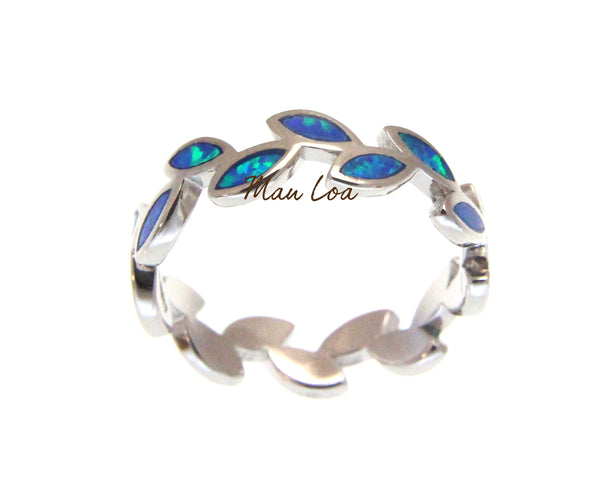 925 Sterling Silver Hawaiian Maile Leaf Leaves Blue Opal Ring Size 5-10