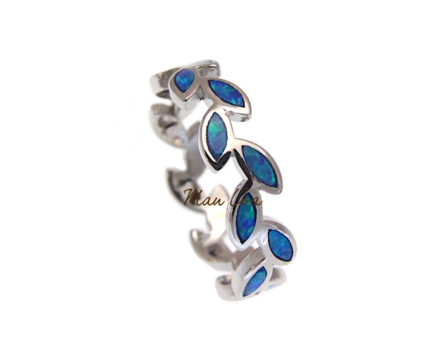 925 Sterling Silver Hawaiian Maile Leaf Leaves Blue Opal Ring Size 5-10