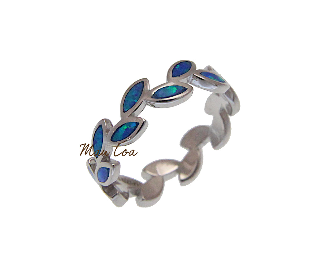 Sterling Silver Hand Engraved Hawaiian Jewelry Ring [6mm width] Azure Blue Opal