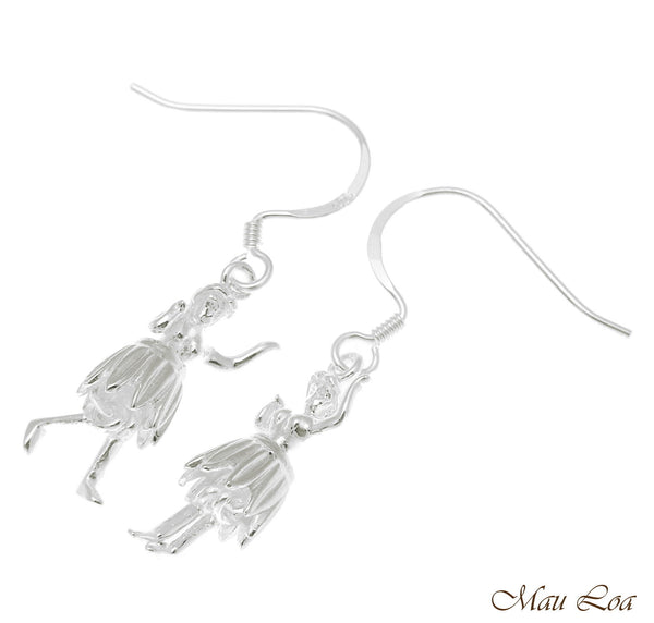 925 Sterling Silver Hawaiian Hula Girl Dancer Movable Skirt Hook Wire Earrings