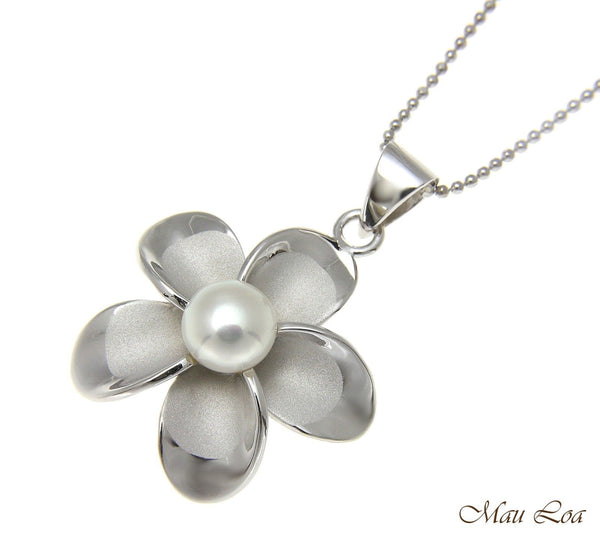 925 Silver Hawaiian Plumeria Flower Fresh Water Pearl Rhodium Pendant 12-32mm