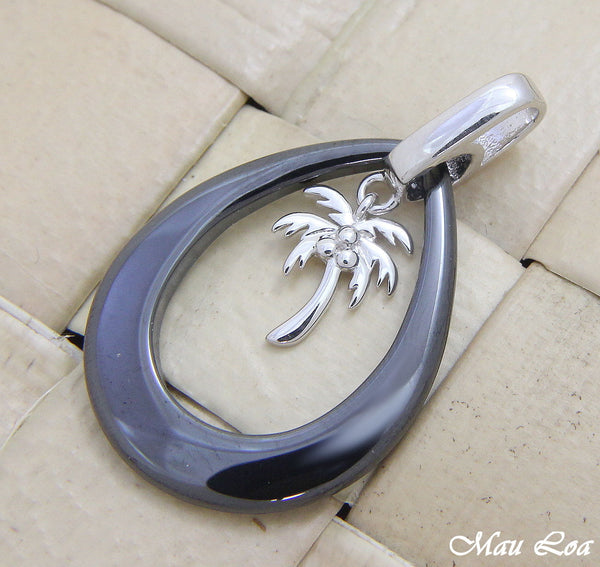 925 Silver Rhodium Hawaiian Coconut Palm Tree Black Ceramic Tear Drop Pendant