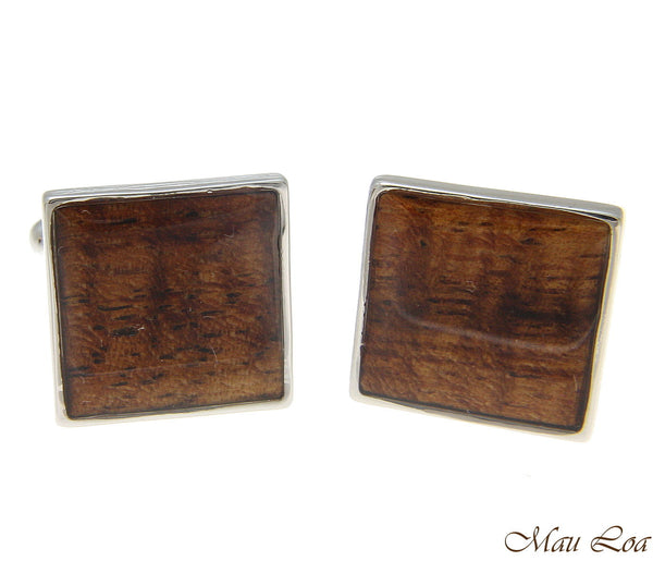 Koa Wood Hawaiian Rhodium Silver Plated Brass 16mm Square Shape Cufflink