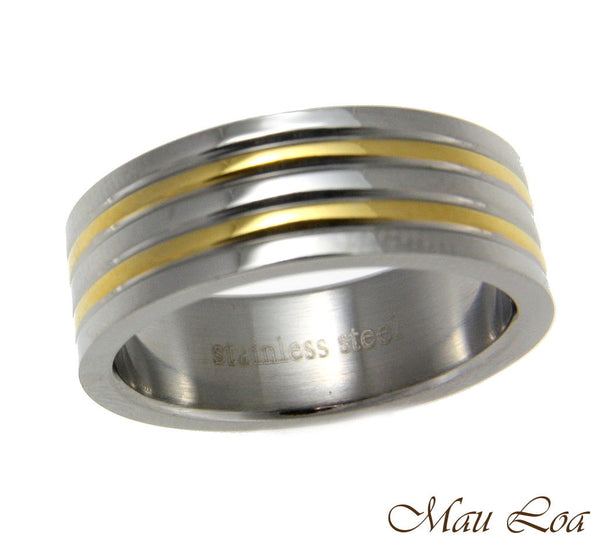 Stainless Steel Ring Wedding Band 7mm Yellow Gold Line Silver Color Size 5-11