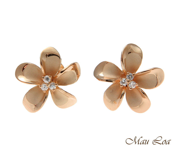 925 Silver Pink Rose Gold Hawaiian Plumeria Flower 3 CZ Stud Post Earrings