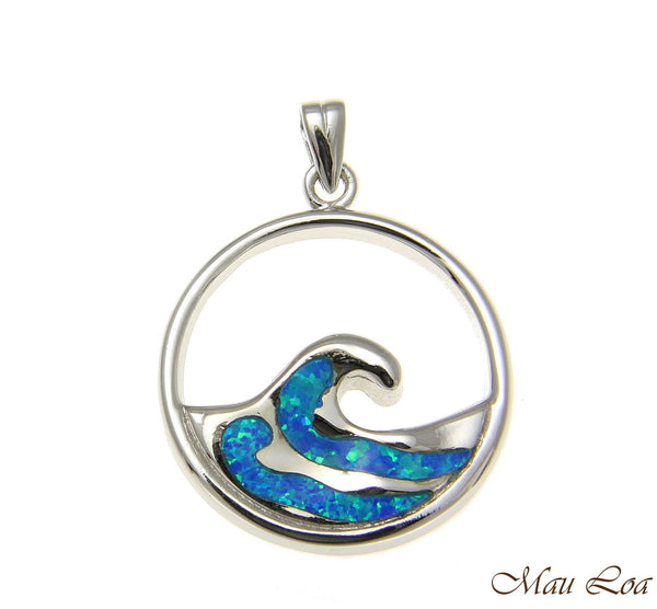 925 Sterling Silver Rhodium Hawaiian 23mm Ocean Wave Blue Opal Pendant Charm