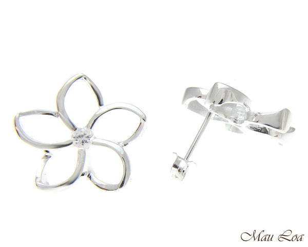 925 Silver Hawaiian Floating Outline Plumeria Flower Post Earrings CZ 8-18mm