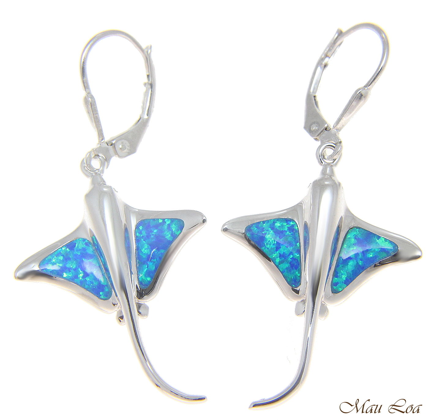 925 Sterling Silver Rhodium Hawaiian Stingray Fish Blue Opal Leverback Earrings
