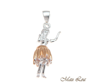 925 Sterling Silver Hawaiian Hula Girl Dancer Movable Pink Gold 2 Tone Pendant