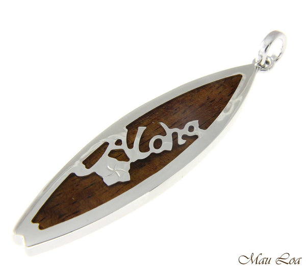 Koa Wood Hawaiian Scroll Aloha Plumeria Surfboard Rhodium Silver Brass Pendant