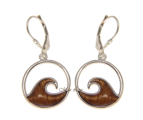 925 Sterling Silver Hawaiian Koa Wood 17.5mm Ocean Wave Lever Back Earrings