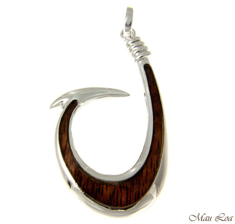 Koa Wood Hawaiian Wave Fish Hook Rhodium Silver Plated Brass Reversible Pendant