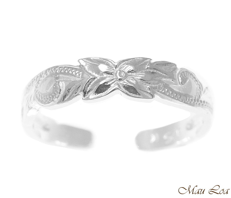 925 Sterling Silver Hawaiian Plumeria Flower Scroll 4mm Cut Out Open Toe Ring