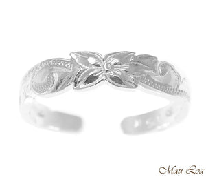 925 Sterling Silver Hawaiian Plumeria Flower Scroll 4mm Cut Out Open Toe Ring