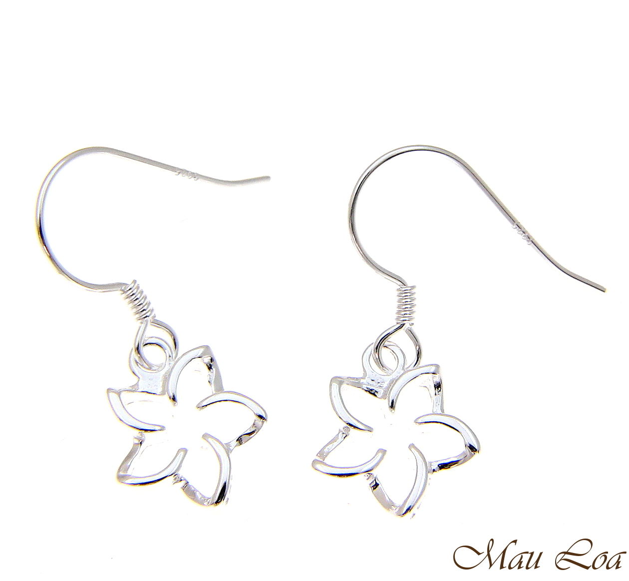 925 Sterling Silver Hawaiian Floating Outline Plumeria Flower Hook Wire Earrings