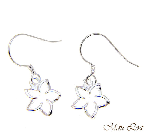 925 Sterling Silver Hawaiian Floating Outline Plumeria Flower Hook Wire Earrings