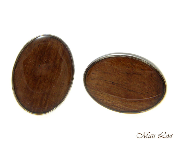 Koa Wood Hawaiian Rhodium Silver Plated Brass 17x22mm Oval Shape Cufflink