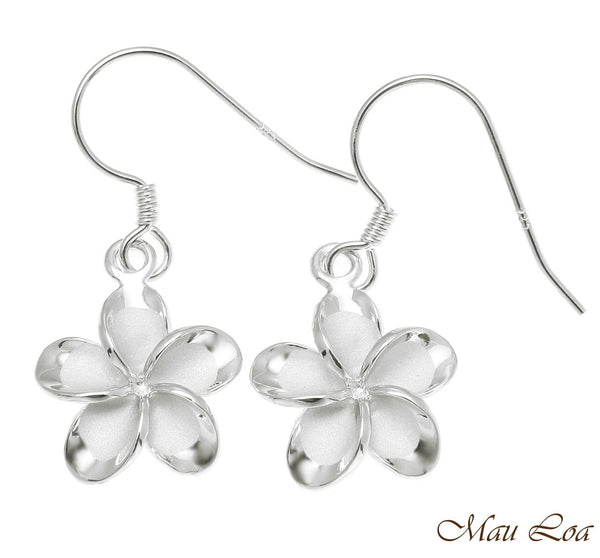 925 Silver Rhodium Hawaiian Plumeria Flower No CZ Stone Wire Hook Earrings