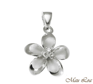 925 Sterling Silver Hawaiian Plumeria Flower 3 CZ Rhodium Pendant Charm 12-30mm