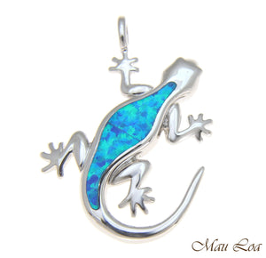 925 Sterling Silver Rhodium Hawaiian Gecko Lizard Blue Opal Pendant