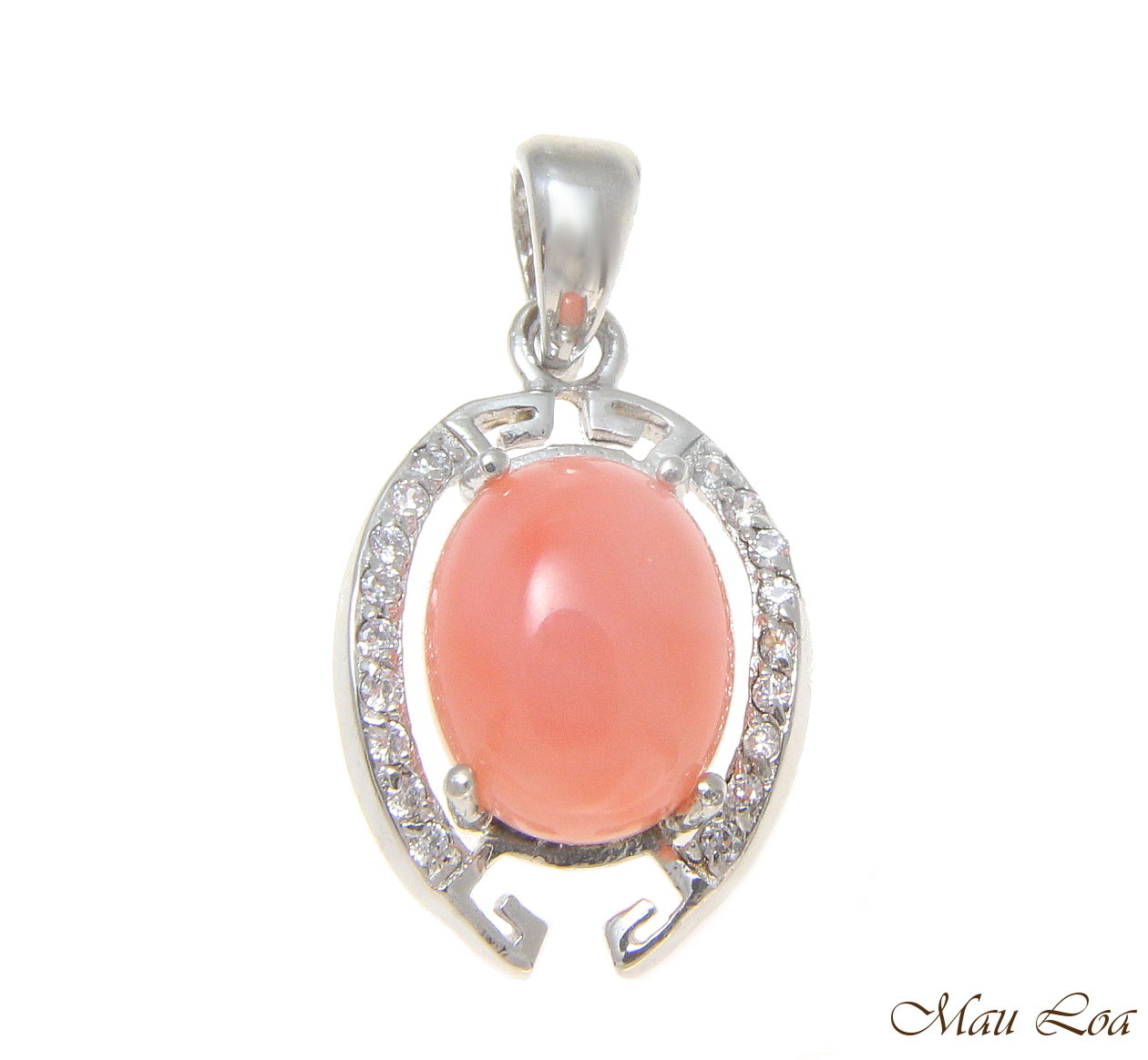 925 Sterling Silver Rhodium CZ Genuine Natural Oval 8x10mm Pink Coral Pendant