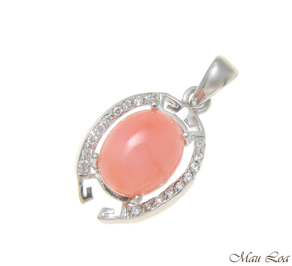 925 Sterling Silver Rhodium CZ Genuine Natural Oval 8x10mm Pink Coral Pendant