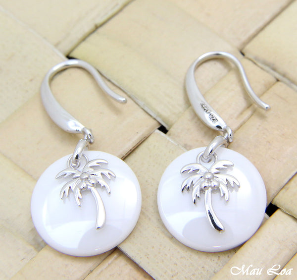 925 Silver Rhodium Hawaiian Coconut Palm Tree White Ceramic Circle Hook Earrings